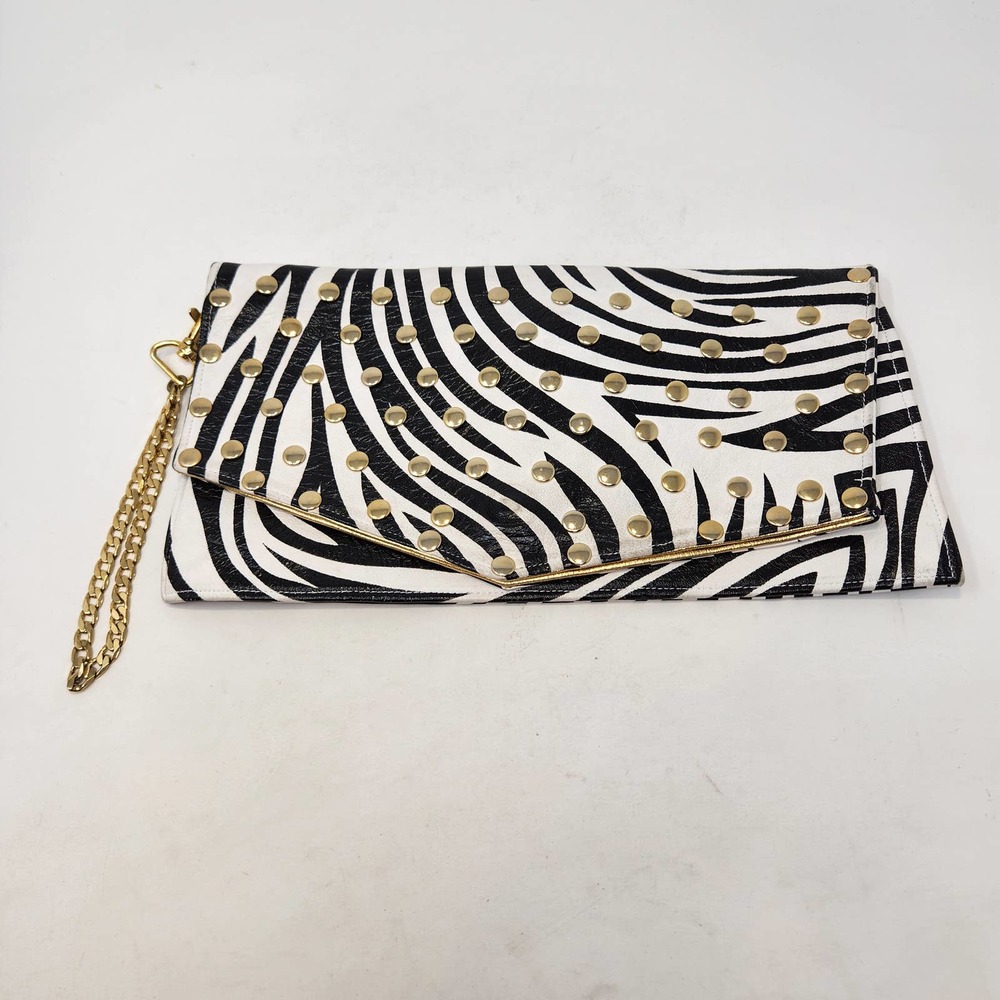 Ted Rossi Zebra Print Soft Leather Fold Over Clutch Gold Leather Lining Studs
